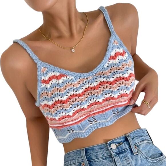 Cropped Boho Beachy Thick Knitted Blue Striped Tank Top Crop Too Shirt - Picture 1 of 3